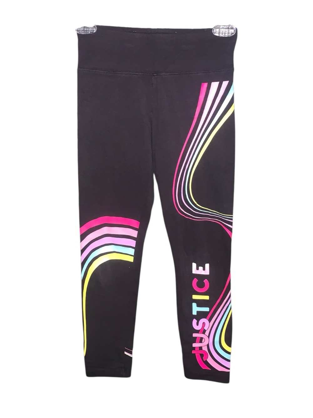Justice Black Leggings with Neon Pink, Yellow & Aqua Stripe Accents Girls Medium